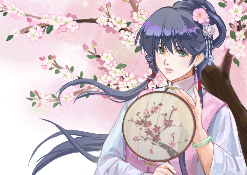 1girl absurdres blue_hair bracelet cherry_blossoms chinese_clothes choujikuu_yousai_macross earrings flower green_eyes hair_behind_ear hair_flower hair_ornament hand_fan highres holding holding_fan jewelry looking_at_viewer lynn_minmay macross macross:_do_you_remember_love? nekkikamille parted_lips pink_flower pink_lips smile solo upper_body