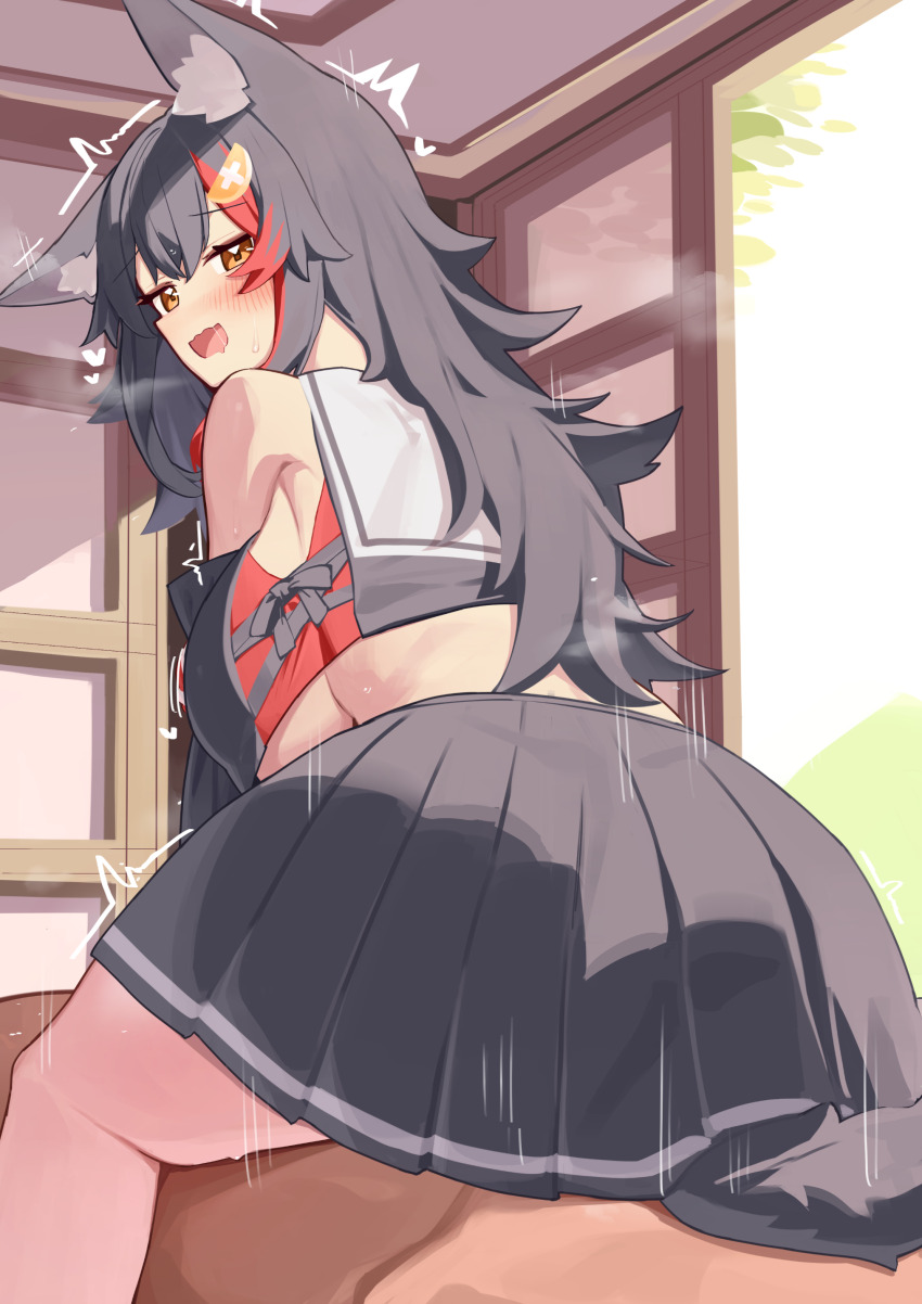1boy 1girl absurdres animal_ears black_hair black_serafuku black_shirt black_skirt black_sleeves blush breasts clothed_female_nude_male cropped_shirt crossed_bangs day detached_sleeves double-parted_bangs hair_between_eyes hair_ornament hairclip hetero highres hololive huge_breasts implied_sex indoors long_hair looking_at_viewer miniskirt motion_lines multicolored_hair nude ookami_mio ookami_mio_(1st_costume) open_mouth paid_reward_available pleated_skirt red_hair reverse_cowgirl_position sailor_collar school_uniform serafuku shirt sidelocks skirt sleeveless sleeveless_shirt solo_focus spiked_hair straddling streaked_hair tail tail_under_clothes verdey virtual_youtuber wavy_mouth white_sailor_collar wolf_ears wolf_girl wolf_tail yellow_eyes