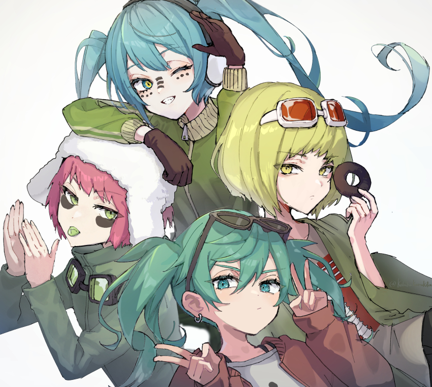 4girls ;d absurdres aqua_eyes aqua_hair commentary creator_connection donut donut_hole_(vocaloid) double_v ear_piercing eyewear_on_head facepaint food green_eyes green_hair green_jacket grin gumi hair_between_eyes hat hatsune_miku highres holding holding_donut holding_food jacket kotatsukarakita long_hair looking_at_viewer matryoshka_(vocaloid) multiple_girls one_eye_closed open_clothes open_jacket open_mouth panda_hero_(vocaloid) piercing pink_hair red-tinted_eyewear red_jacket red_shirt shirt smile suna_no_wakusei_(vocaloid) sunglasses teeth tinted_eyewear twintails v vocaloid white_background white_hat white_shirt zipper_pull_tab