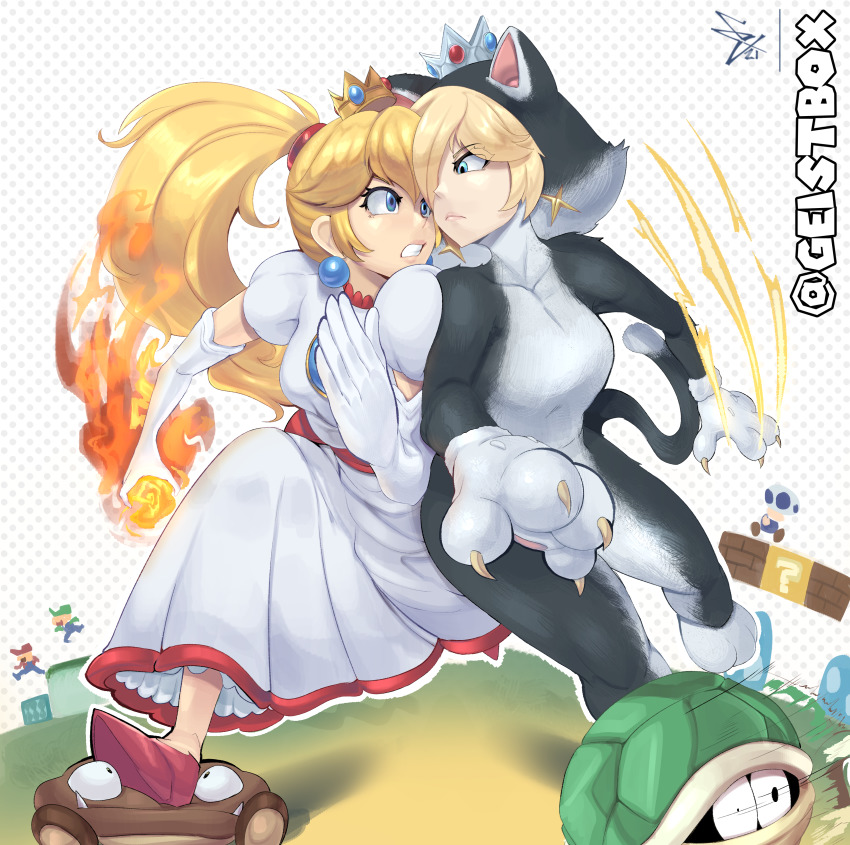 2girls absurdres angry animal_costume blonde_hair blue_eyes blue_toad_(mario) cat_costume cat_rosalina claws clenched_teeth crown dress earrings eye_contact face-to-face fire_peach fireball flaming_hand geistbox goomba highres jewelry koopa_troopa looking_at_another luigi mario mario_(series) mini_crown multiple_girls nintendo ponytail princess_peach red_footwear rosalina running shoulder-to-shoulder super_mario_3d_world super_mario_galaxy teeth toad_(mario) white_dress