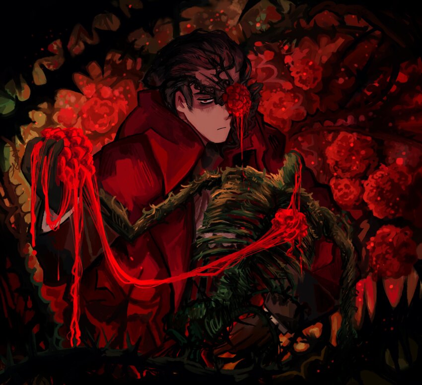 1boy absurdres animanima black_gloves black_hair blood closed_mouth coat flower flower_in_eye gloves highres limbus_company long_sleeves looking_at_viewer male_focus meursault_(project_moon) project_moon red_background red_coat red_flower red_rose rose short_hair simple_background skeleton solo standing symbol_in_eye thorns upper_body yearning-mircalla_(e.g.o)