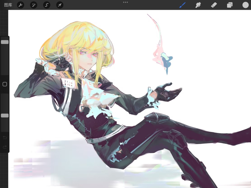 1boy art_program_in_frame ascot black_gloves black_jacket black_pants blonde_hair c8h11o2n chinese_commentary closed_mouth commentary_request eyelashes frown gloves highres jacket lio_fotia male_focus pants pink_eyes procreate_(medium) procreate_(software) promare short_hair sidelocks sitting solo white_ascot white_background
