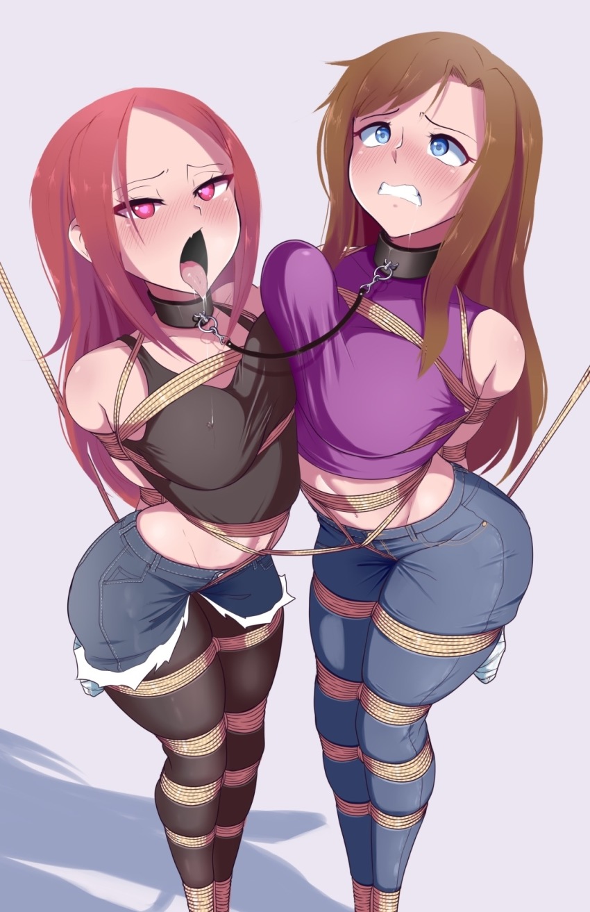 2girls arms_behind_back bagelbomb bdsm blue_eyes blush bondage bound bound_ankles bound_arms bound_legs bound_thighs bound_torso breast_press breasts brown_hair clenched_teeth collar crop_top crotch_rope cutoffs denim denim_shorts heart heart-shaped_pupils highres jeans lauren_(franky62009) leash long_hair lucine_(hinatachan1177) medium_breasts midriff multiple_girls open_mouth original pants pantyhose pantyhose_under_shorts parted_bangs red_eyes rope second-party_source shorts slave symbol-shaped_pupils symmetrical_docking tank_top teeth tongue tongue_out white_background