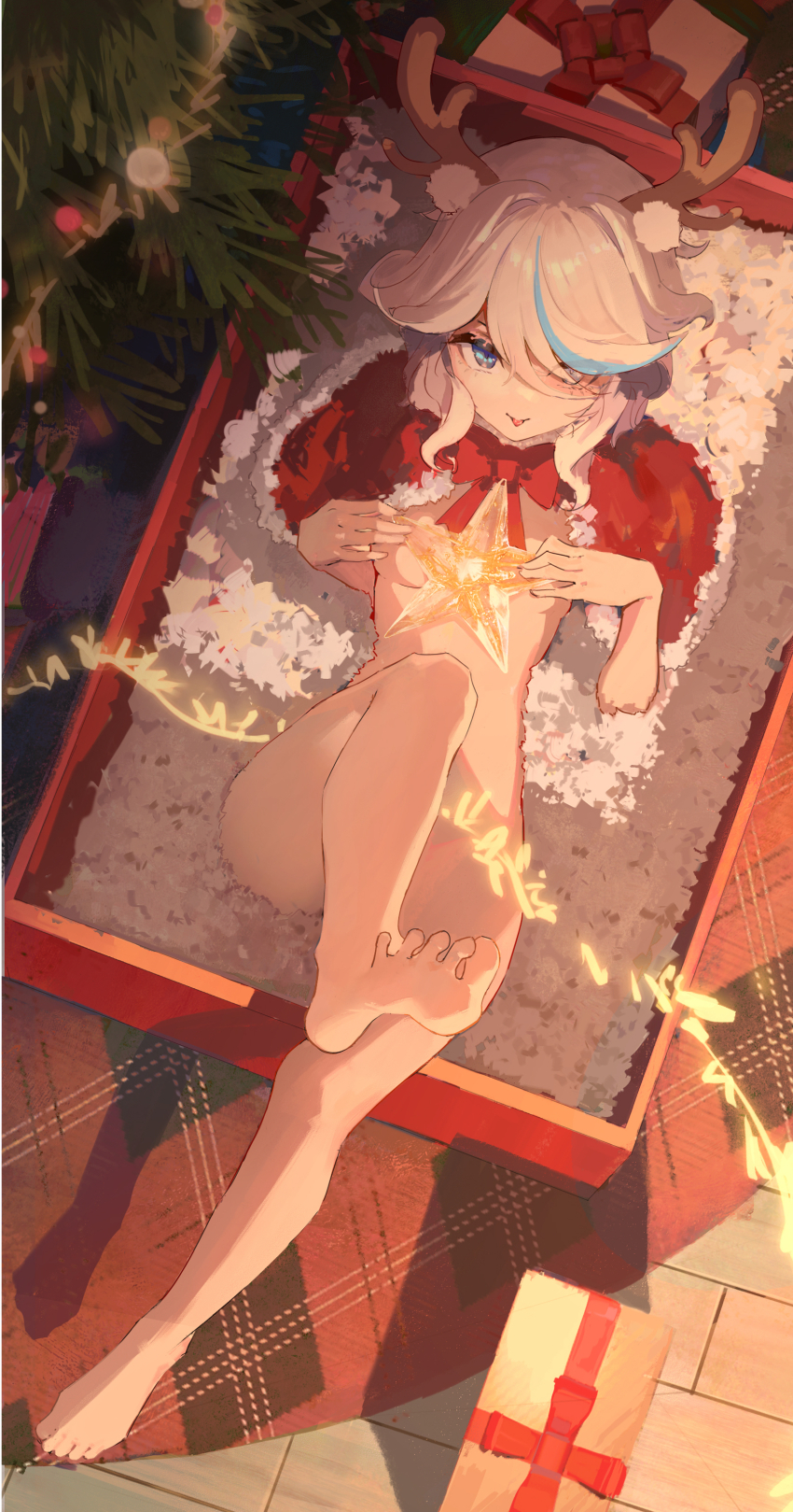 1girl absurdres animal_ears antlers barefoot blue_eyes blue_hair bow box breasts capelet christmas christmas_tree commentary covering_privates feet foot_up from_above fur_trim furina_(genshin_impact) genshin_impact gift gift_box highres horns in_box in_container knee_up legs long_hair looking_at_viewer lying merry_christmas multicolored_hair nude on_back red_bow red_capelet ruochongsang santa_costume small_breasts soles solo spread_toes streaked_hair thighs toenails toes tongue tongue_out white_hair