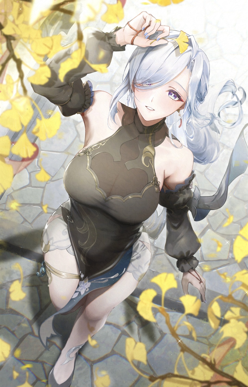 1girl absurdres arano_(waikuni11) arm_up black_dress black_footwear black_sleeves breasts china_dress chinese_clothes cleavage commentary_request covering_head detached_sleeves dress from_above genshin_impact ginkgo_leaf grey_eyes grey_hair grey_nails high_heels highres large_breasts leaf long_hair looking_at_viewer looking_up official_alternate_costume official_alternate_hairstyle open_mouth pelvic_curtain see-through_cleavage see-through_clothes shenhe_(frostflower_dew)_(genshin_impact) shenhe_(genshin_impact) sleeveless sleeveless_dress solo stone_floor