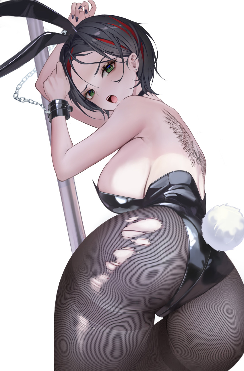 1girl absurdres animal_ears ass back_tattoo black_choker black_hair black_leotard black_pantyhose breasts choker commentary commission crow_(nikke) cuffs english_commentary fake_animal_ears fake_tail from_behind goddess_of_victory:_nikke green_eyes handcuffs highres large_breasts leotard looking_at_viewer multicolored_hair open_mouth pantyhose playboy_bunny rabbit_ears rabbit_tail red_hair shackles short_hair simple_background solo streaked_hair tail tattoo torn_clothes torn_pantyhose two-tone_hair uyuri_(89976220) white_background