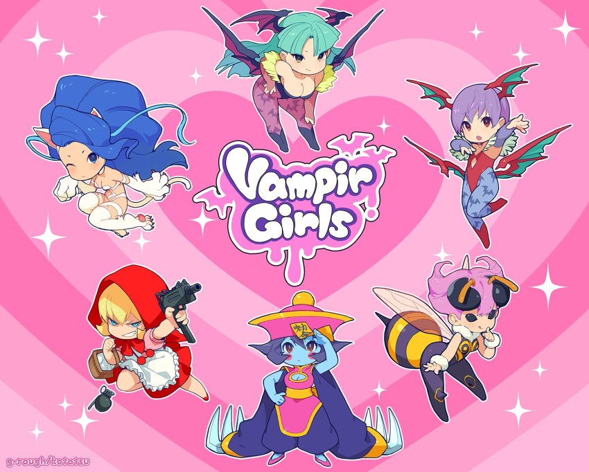 6+girls abdomen_tail animal_ears animal_hands animal_print antennae apron arthropod_girl artist_name b.b._hood bat_print bat_wings bee_girl big_hair blonde_hair blue_hair blue_skin blush_stickers bomb breasts bridal_gauntlets capcom cat_ears cat_girl cat_paws cat_tail chibi claws cleavage cleavage_cutout clothing_cutout colored_skin commentary_request compound_eyes darkstalkers demon_girl english_text explosive felicia_(darkstalkers) finger_to_mouth flat_chest fur green_hair grenade gun hand_grenade hat head_wings heart heart_background highres holding holding_gun holding_weapon hsien-ko insect_girl insect_wings jiangshi kotatsu_(g-rough) large_breasts leaning_forward leotard licking_lips lilith_(darkstalkers) long_hair looking_at_viewer low_wings machine_pistol morrigan_aensland multiple_girls ofuda ofuda_on_head one_eye_closed pantyhose picnic_basket print_legwear purple_hair q-bee qingdai_guanmao red_hood short_hair skirt sparkle spikes stinger submachine_gun tail tongue tongue_out uzi weapon white_fur wings wrist_cuffs