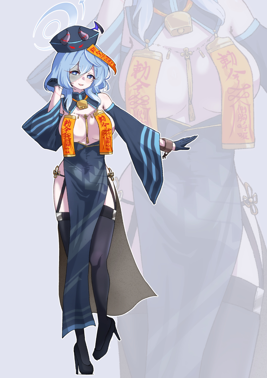 1girl absurdres ako_(blue_archive) alternate_costume bell black_garter_straps black_hat black_shoes black_thighhighs blue_archive blue_dress blue_eyes blue_gloves blue_hair blue_halo blush breasts cuffs detached_sleeves dress garter_straps gloves hair_between_eyes halo hand_in_own_hair hat highres jiangshi large_breasts long_hair long_sleeves looking_at_viewer neck_bell ofuda ofuda_on_head ofuda_on_nipples open_mouth pasties pelvic_curtain shackles shoes sidelocks so-ko solo stitched_face stitches thighhighs zoom_layer