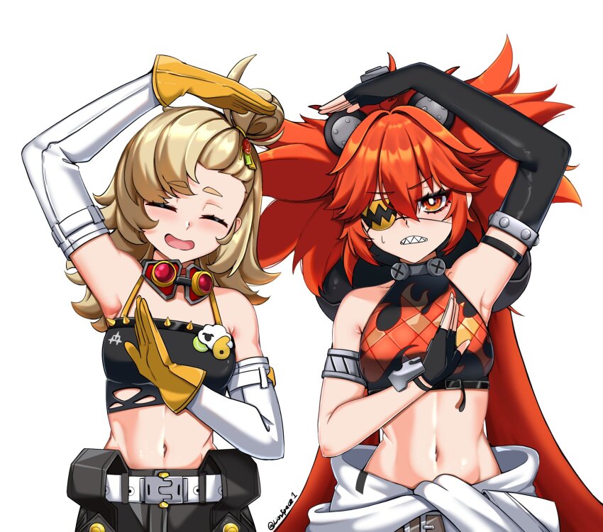 2girls ^_^ asymmetrical_gloves bear_ear_hairband black_gloves blonde_hair blush closed_eyes crop_top detached_sleeves elbow_gloves eyepatch fingerless_gloves flame_print gloves goggles goggles_around_neck heart_arms heart_arms_duo highres koleda_belobog lion_space loli long_hair multiple_girls navel one_eye_covered piper_wheel red_eyes red_hair simple_background single_elbow_glove smile spiked_shirt sweatdrop uneven_gloves upper_body yellow_gloves zenless_zone_zero