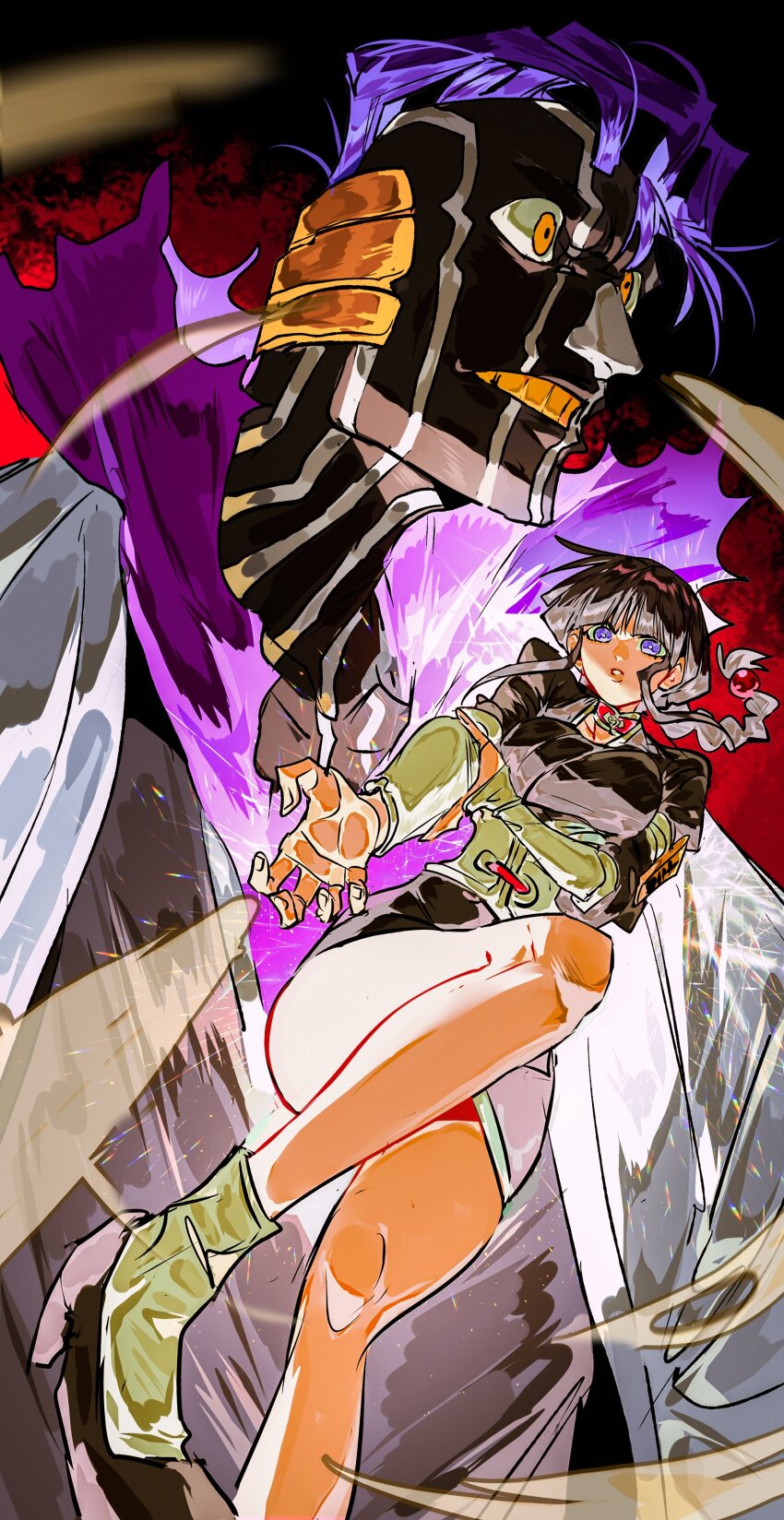 1boy 1girl absurdres badge black_hair black_skin bleach bleach:_sennen_kessen-hen braid braided_ponytail breasts choker colored_skin colored_teeth fukutaichou_badge haori highres japanese_clothes kimono kurotsuchi_mayuri kurotsuchi_nemu large_breasts long_hair multicolored_skin purple_eyes purple_hair shinigami short_hair short_kimono single_braid taichou_haori thighs two-tone_skin white_skin xi_luo_an_ya yellow_eyes yellow_teeth
