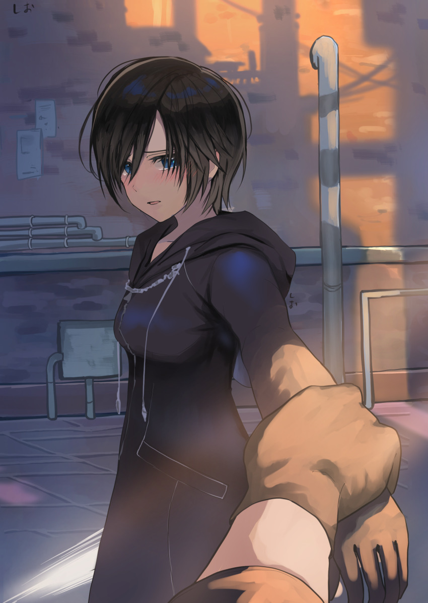 1girl 1other absurdres black_coat black_coat_(kingdom_hearts) black_gloves black_hair blue_eyes blush coat commentary_request gloves highres hood hood_down hooded_coat kawame626 kingdom_hearts kingdom_hearts_358/2_days long_sleeves looking_at_viewer pov pov_hands shadow short_hair tearing_up xion_(kingdom_hearts)