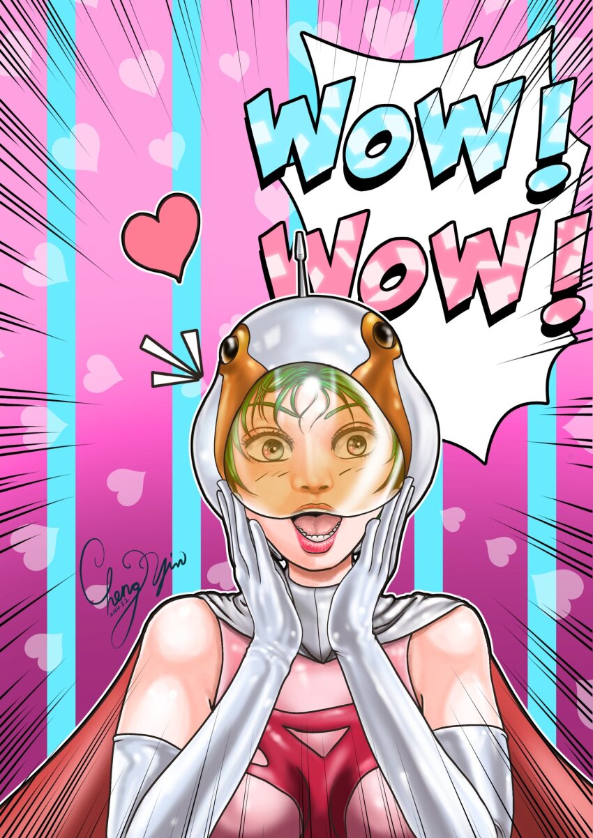 ! 1girl animal_helmet artist_request belt bird blush bodysuit breasts cape cowboy_shot elbow_gloves eyelashes gatchaman gloves goose grey_eyes grey_hair heart jun_the_swan lips looking_at_viewer open_mouth parted_lips signature smile solo surprised white_belt white_cape white_gloves
