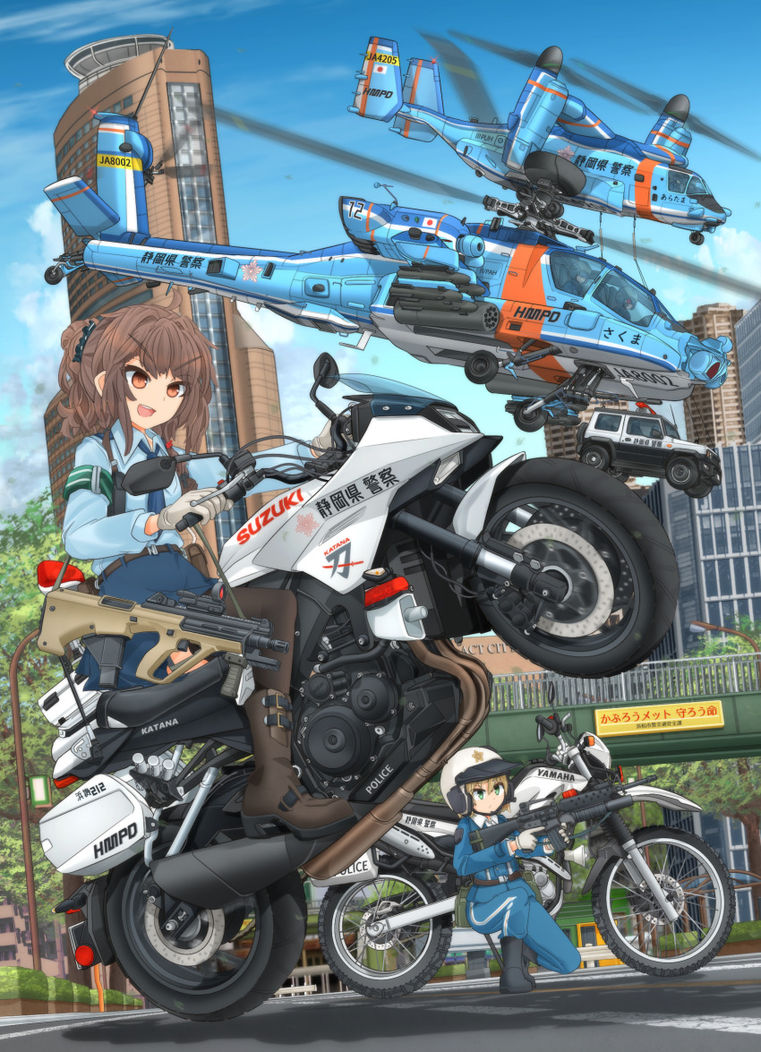 2girls 3others absurdres agm-114_hellfire ah-64_apache air-to-surface_missile aircraft anti-tank_guided_missile anti-tank_missile armband assault_rifle attack_helicopter autocannon belt black_belt black_footwear black_legwear black_scrunchie blonde_hair blue_jacket blue_pants blue_shirt blue_skirt blue_sky boots brown_eyes brown_hair building bullpup cannon car carrying chain_gun cloud cloudy_sky commentary_request day emblem english_text flying gloves green_armband green_eyes gun gun_sling gunship hair_ornament hair_scrunchie hair_tie harness helicopter helicopter_gunship helmet highres holding holding_gun holding_weapon jacket japan_national_police japanese_flag lamppost lau-61_g/a logo long_sleeves m16 m16a4 m230_chain_gun m261 m299 medium_hair mikeran_(mikelan) military_vehicle miniskirt missile missile_launcher missile_pod missile_rack motion_blur motor_vehicle motorcycle motorcycle_helmet multiple_girls multiple_others on_one_knee open_mouth original outdoors pants partial_commentary pilot police police_car police_helicopter police_uniform policewoman ponytail precision-guided_munition rifle rocket_launcher rocket_pod scrunchie shadow shirt short_hair short_ponytail single_vertical_stripe skirt sky smile surface-to-surface_missile suzuki suzuki_katana thighhighs tiltrotor translation_request tree v-22_osprey v-shaped_eyebrows vehicle_focus vehicle_request weapon weapon_request wheelie white_gloves white_headwear yamaha yamaha_serow