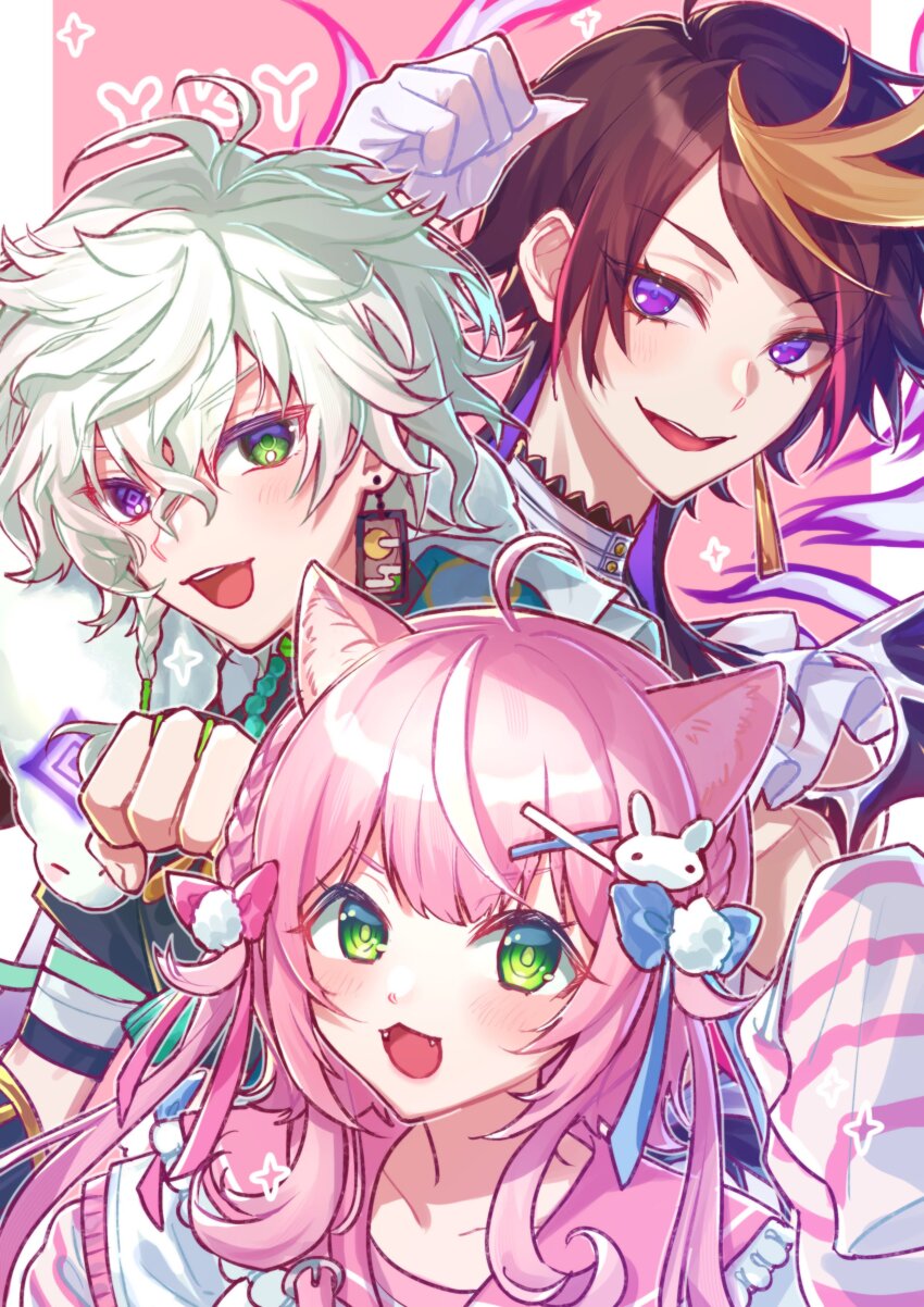 1girl 2boys absurdres ahoge animal_ear_fluff animal_ears black_hair blonde_hair cat_ears cat_girl clenched_hand earrings fangs frilled_sailor_collar frills gloves green_eyes hair_ornament heterochromia highres jewelry long_hair matochi_(fa) multicolored_hair multiple_boys murakumo_kagetsu murakumo_kagetsu_(1st_costume) nijisanji nijisanji_en nijisanji_kr open_mouth pink_hair pink_sailor_collar purple_eyes purple_hair rabbit_hair_ornament sailor_collar shu_yamino shu_yamino_(1st_costume) single_earring streaked_hair twintails virtual_youtuber white_gloves white_hair x_hair_ornament yang_nari yang_nari_(3rd_costume)