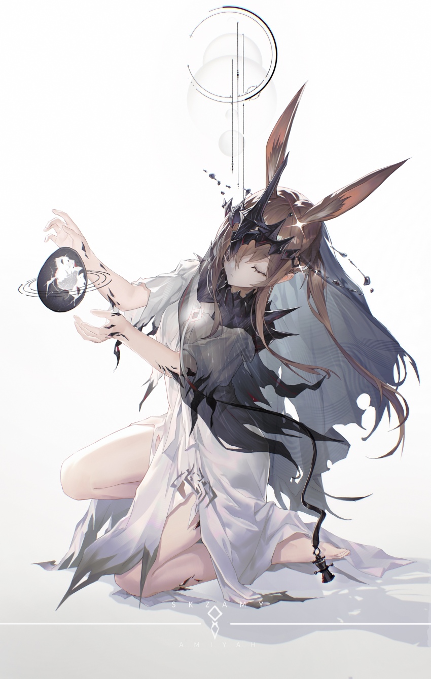 1girl absurdres amiya_(arknights) amiya_(demon_king)_(arknights) animal_ears arknights barefoot brown_hair civilight_eterna closed_eyes cracked_egg extra_ears floating_crown grey_veil highres kneeling long_hair material_growth oripathy_lesion_(arknights) rabbit_ears solo styx_mo_yu torn_clothes veil