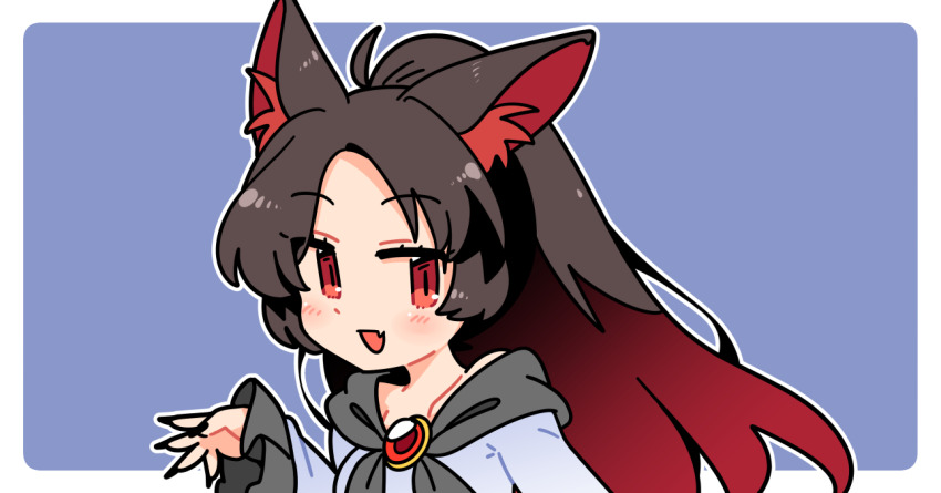 1girl :d ahoge animal_ear_fluff animal_ears blue_background blush border brooch brown_hair commentary_request dress fang fingernails frilled_sleeves frills gradient_hair hand_up imaizumi_kagerou ini_(inunabe00) jewelry long_fingernails long_hair long_sleeves looking_at_viewer multicolored_hair open_mouth outline outside_border parted_bangs portrait red_eyes red_hair simple_background skin_fang smile solo touhou white_border white_dress white_outline wolf_ears wolf_girl