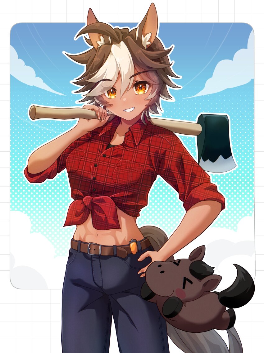 &gt;_&lt; 1girl absurdres ahoge animal_ears axe belt breast_pocket brown_belt brown_eyes brown_hair cloud collared_shirt commentary english_commentary hand_on_own_hip highres holding holding_axe horse horse_ears horse_girl horse_tail indie_virtual_youtuber midriff navel plaid_clothes plaid_shirt pocket red_shirt second-party_source shirt sky tail tomoe_umari umarmy_(tomoe_umari) virtual_youtuber white_hair yui_mirano