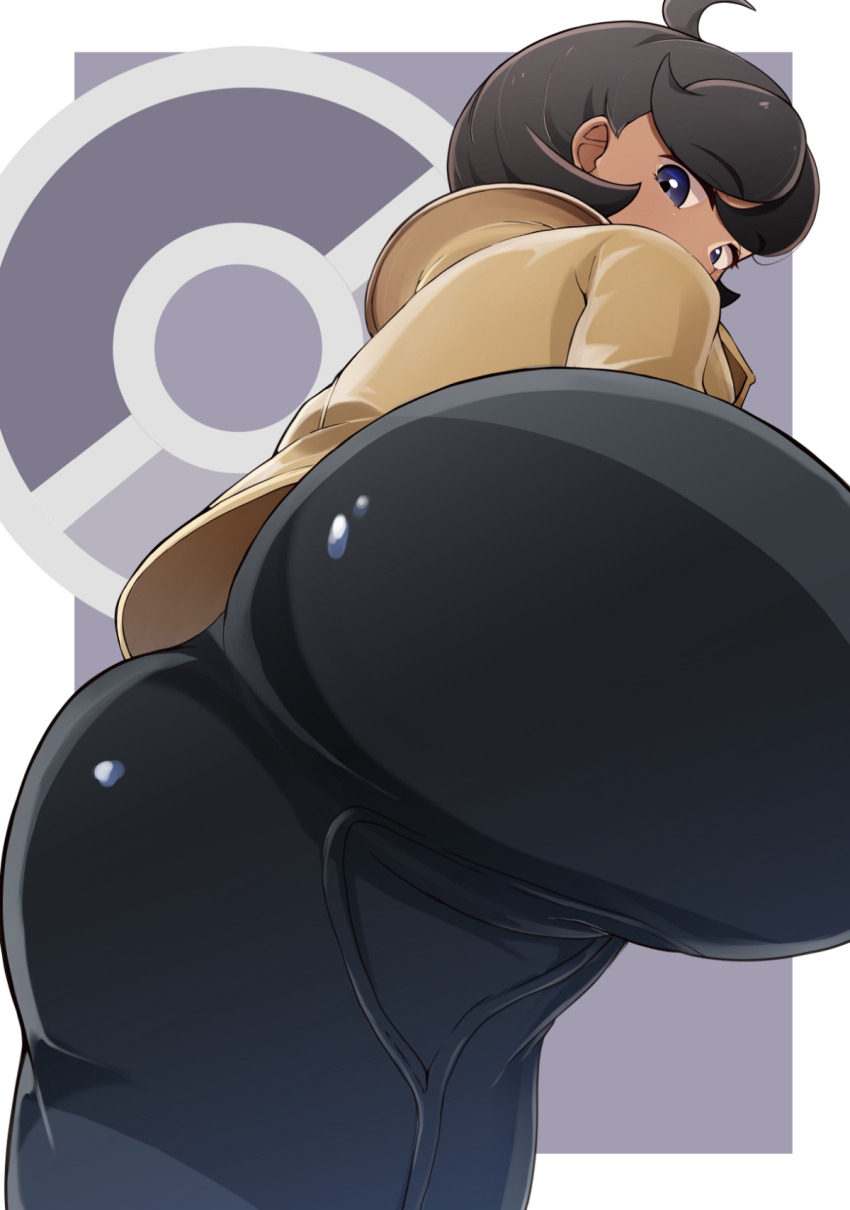 1girl aged_up ass ass_focus black_bodysuit black_hair bodysuit bodysuit_under_clothes brown_jacket commentary_request cowlick curvy dark-skinned_female dark_skin emma_(pokemon) from_below hair_between_eyes highres huge_ass jacket latex latex_bodysuit long_sleeves looking_at_viewer mashiroshiro nintendo poke_ball_symbol pokemon pokemon_legends:_z-a purple_eyes shiny_skin short_hair sidelocks solo standing swept_bangs wide_hips