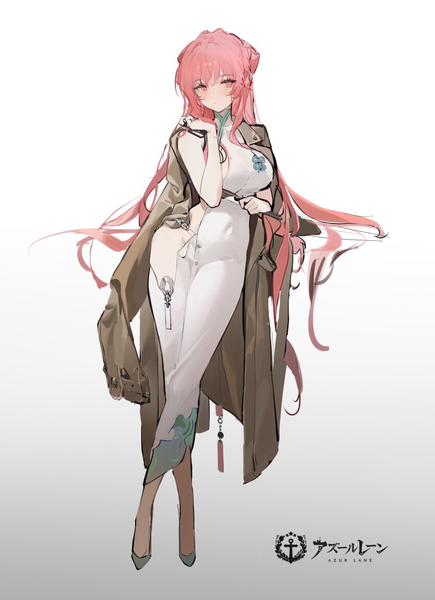 absurdres azur_lane blush breasts brown_coat china_dress chinese_clothes coat crossed_legs dress hair_spread_out hand_fan highres holding holding_coat holding_unworn_clothes kincora large_breasts long_hair perseus_(azur_lane) perseus_(spring_lackadaisical_leisure)_(azur_lane) pink_eyes pink_hair sleeveless tight_clothes unworn_coat white_background white_dress wide_hips