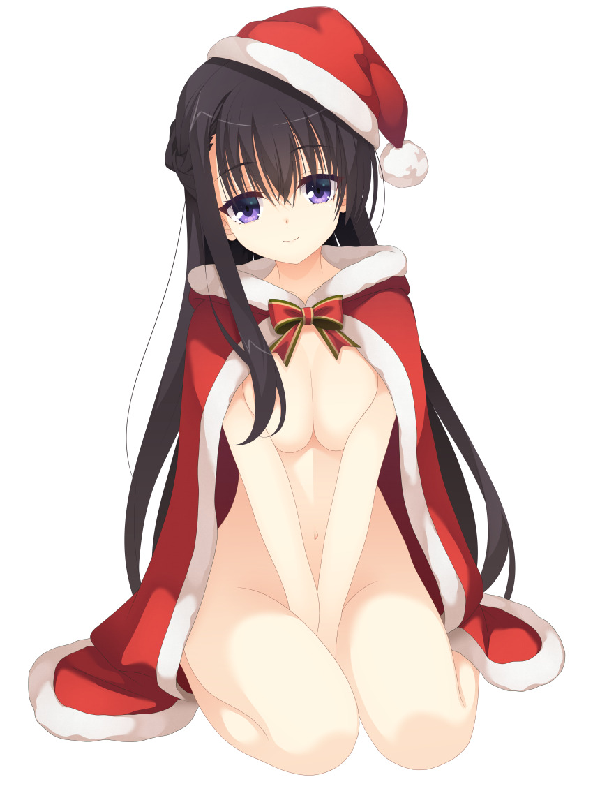 1girl absurdres alternate_costume between_legs bow bowtie braid breasts breasts_squeezed_together cape cleavage closed_mouth commentary_request commission eyelashes eyes_visible_through_hair full_body fur-trimmed_cape fur-trimmed_headwear fur_trim groin hair_between_eyes half_up_braid hand_between_legs hat highres kaon_zz large_breasts long_hair looking_at_viewer making-of_available naked_cape navel nijouin_hazuki nude paid_reward_available purple_eyes red_bow red_bowtie red_cape red_hat riddle_joker santa_costume santa_hat sidelocks simple_background sitting skeb_commission smile solo split_mouth stomach straight_hair thighs tilted_headwear v_arms very_long_hair wariza white_background