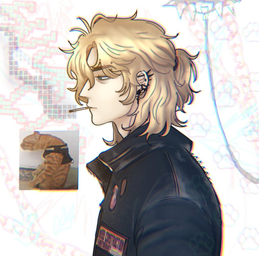 1boy abstract_background black_jacket blonde_hair cat cigarette degrees_of_lewdity earrings from_side green_eyes highres jacket jewelry reference_inset rusa_yippie solo upper_body whitney_(degrees_of_lewdity) whitney_(male)_(degrees_of_lewdity)