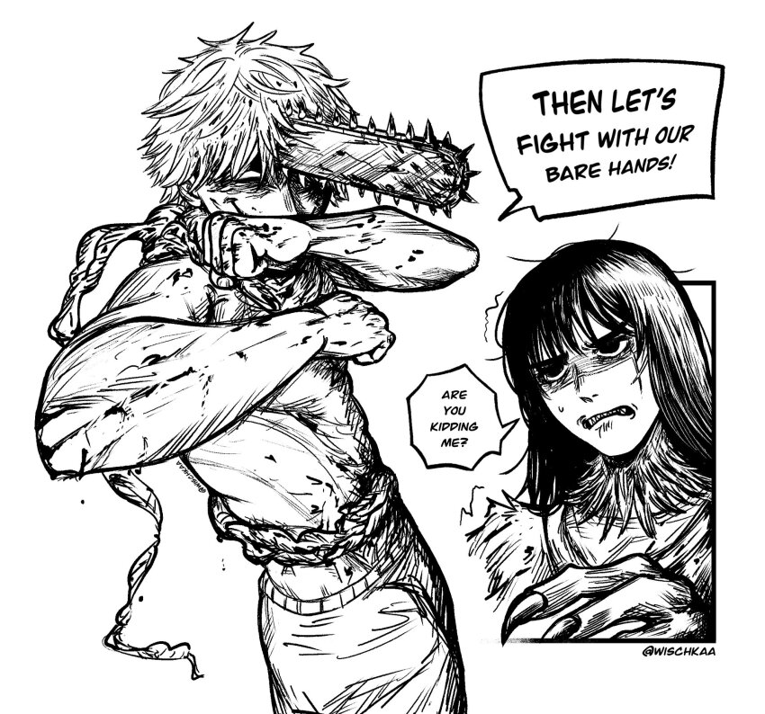1boy 1girl blood blood_on_body chainsaw chainsaw_man claws clenched_hands commentary denji_(chainsaw_man) english_commentary english_text greyscale highres intestine_clothing long_hair mitaka_asa monochrome monster_girl pants sharp_teeth short_hair speech_bubble teeth wischkaa