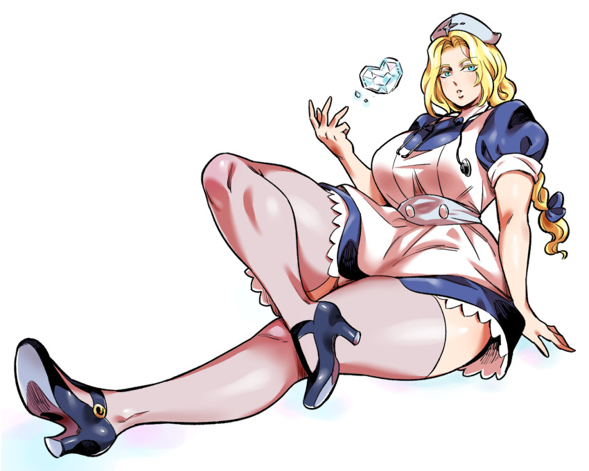 1girl alternate_costume alternate_hairstyle blonde_hair blue_dress blue_eyes blue_footwear blue_ribbon braid braided_ponytail breasts buttons curvy doboshiru dress full_body hat high_heels highres ice kolin large_breasts lips long_hair looking_at_viewer nurse nurse_cap parted_lips ribbon simple_background sitting skirt solo stethoscope street_fighter street_fighter_v thick_thighs thighhighs thighs white_background white_thighhighs wide_hips