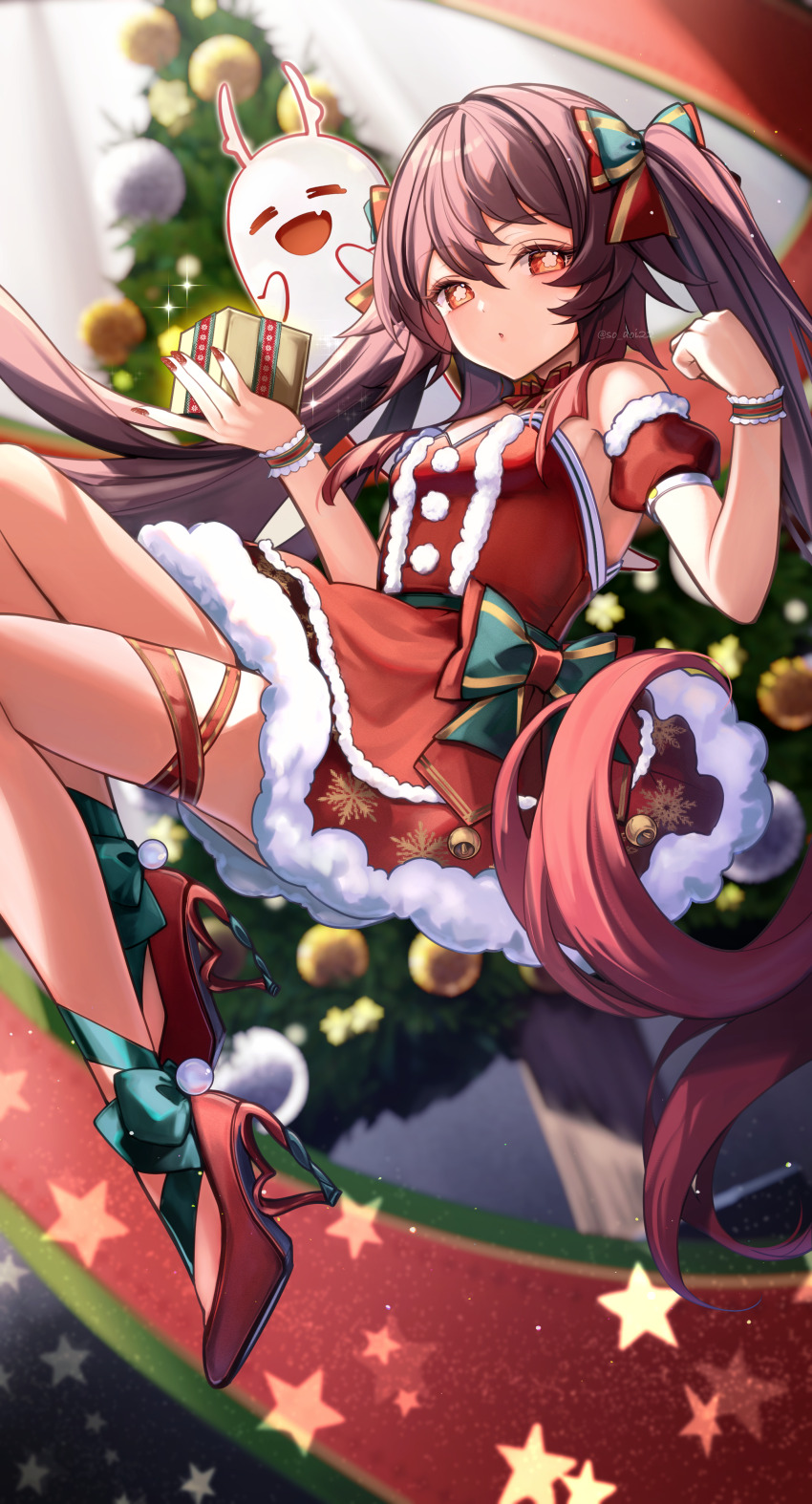 1girl absurdres asahi_(vjss4548) blush boo_tao_(genshin_impact) bow breasts brown_hair christmas dress fang flower-shaped_pupils genshin_impact ghost green_bow hair_bow high_heels highres hu_tao_(genshin_impact) long_hair looking_at_viewer medium_breasts nail_polish red_bow red_dress red_eyes red_nails red_shoes santa_costume shoes sidelocks symbol-shaped_pupils thighs twintails very_long_hair