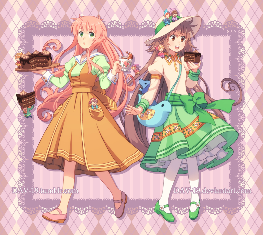 2girls apron argyle_background argyle_clothes artist_name bow brown_eyes brown_hair buttons cake crossover cuffs cup dav-19 diamond_(shape) dog dress drink english_text everyone fairy flower food full_body green_bow green_eyes green_footwear green_skirt hanato_kobato happy hat holding holding_drink holding_food ioryogi jinrui_wa_suitai_shimashita kobato. lace long_hair long_sleeves mary_janes multiple_girls open_mouth pantyhose pink_hair pink_shoes puffy_sleeves ribbon sailor_collar shoes skirt smile standing stuffed_animal stuffed_dog stuffed_toy sweets teacup text_focus tray watashi_(jintai) watashi_(yojouhan) watermark web_address white_headwear white_legwear