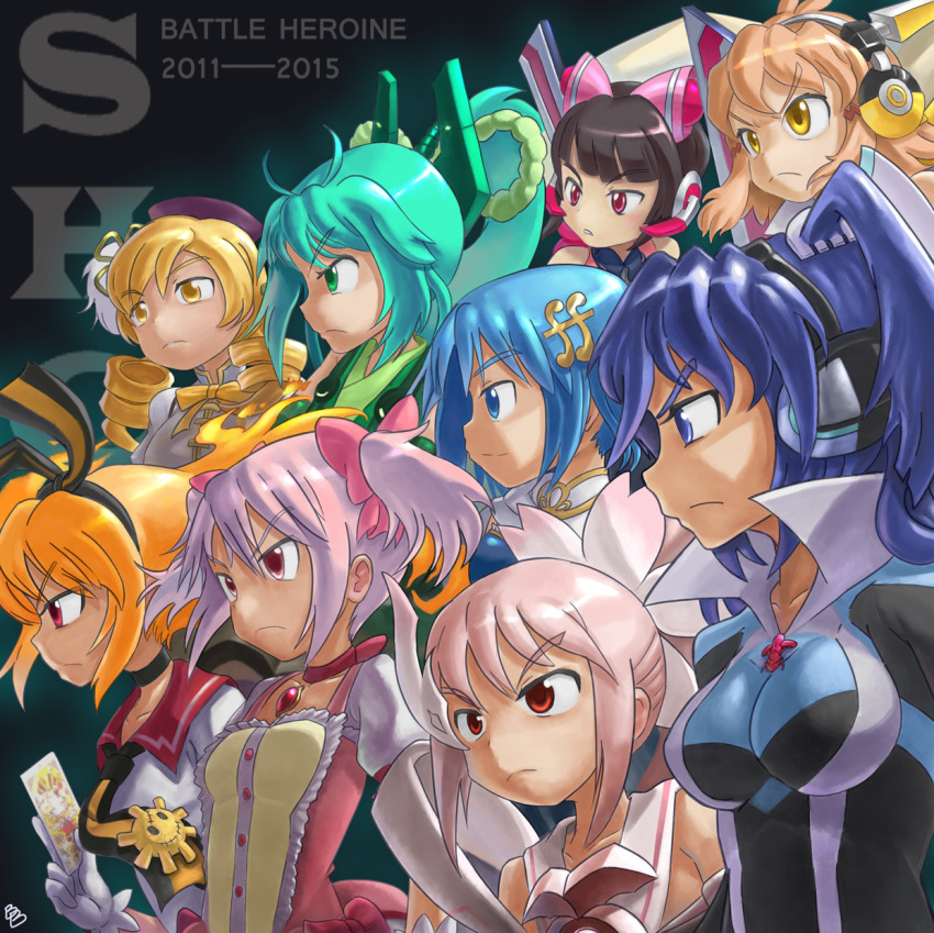 6+girls aqua_hair black_hair blonde_hair blue_eyes bow bowtie card crossover drill_hair flower_ornament gen&#039;ei_wo_kakeru_taiyou hair_ornament headphones heei_juun highres hime_cut holding holding_card kaname_madoka kaname_madoka_(magical_girl) kazanari_tsubasa magical_girl mahou_shoujo_madoka_magica mahou_shoujo_madoka_magica_(anime) mega_man_(classic) mega_man_(series) mega_man_9 miki_sayaka miki_sayaka_(magical_girl) multiple_crossover multiple_girls orange_hair pink_bow pink_bowtie pink_hair red_eyes sailor_collar school_uniform senki_zesshou_symphogear serious short_hair tachibana_hibiki_(symphogear) taiyou_akari taiyou_akari_(tenebrae_mode) tarot tarot_card tomoe_mami tomoe_mami_(magical_girl) tsukuyomi_shirabe vividred_operation yellow_eyes yuuki_yuuna yuuki_yuuna_wa_yuusha_de_aru yuusha_de_aru