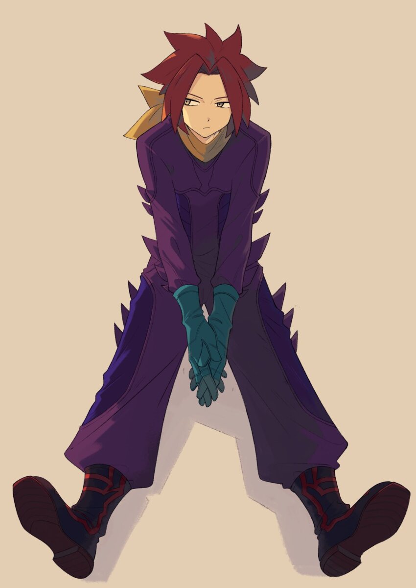 1boy black_boots boots chaser_(pokemon) closed_mouth commentary_request full_body gloves highres interlocked_fingers ittumozzz jumpsuit looking_to_the_side male_focus nintendo own_hands_together pokemon pokemon_colosseum pokemon_xd purple_jumpsuit red_hair scarf shoe_soles short_hair sitting solo yellow_eyes yellow_scarf