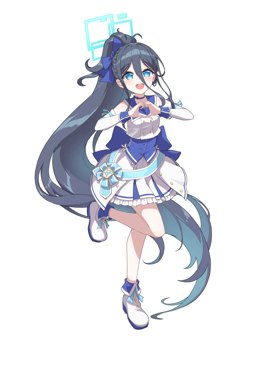 absurdly_long_hair absurdres alternate_costume alternate_hairstyle aris_(blue_archive) bare_shoulders black_hair blue_archive blue_bow blue_eyes blue_halo bow commentary_request detached_sleeves dress full_body hair_bow halo heart heart_hands highres idol_clothes long_hair looking_at_viewer open_mouth ponytail shoes simple_background standing teeth upper_teeth_only very_long_hair white_background white_dress white_shoes wuqi_wupenguin