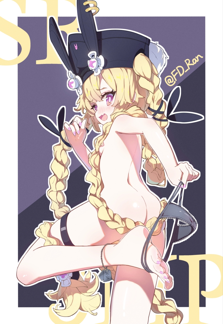 1girl absurdres artist_name ass back barefoot black_panties blonde_hair braid breasts butt_crack character_name dog_tags fang fd_ran girls&#039;_frontline hat highres long_hair panties pink_nails purple_eyes skin_fang small_breasts solo sr-3mp_(girls&#039;_frontline) thigh_strap twin_braids underwear undressing very_long_hair