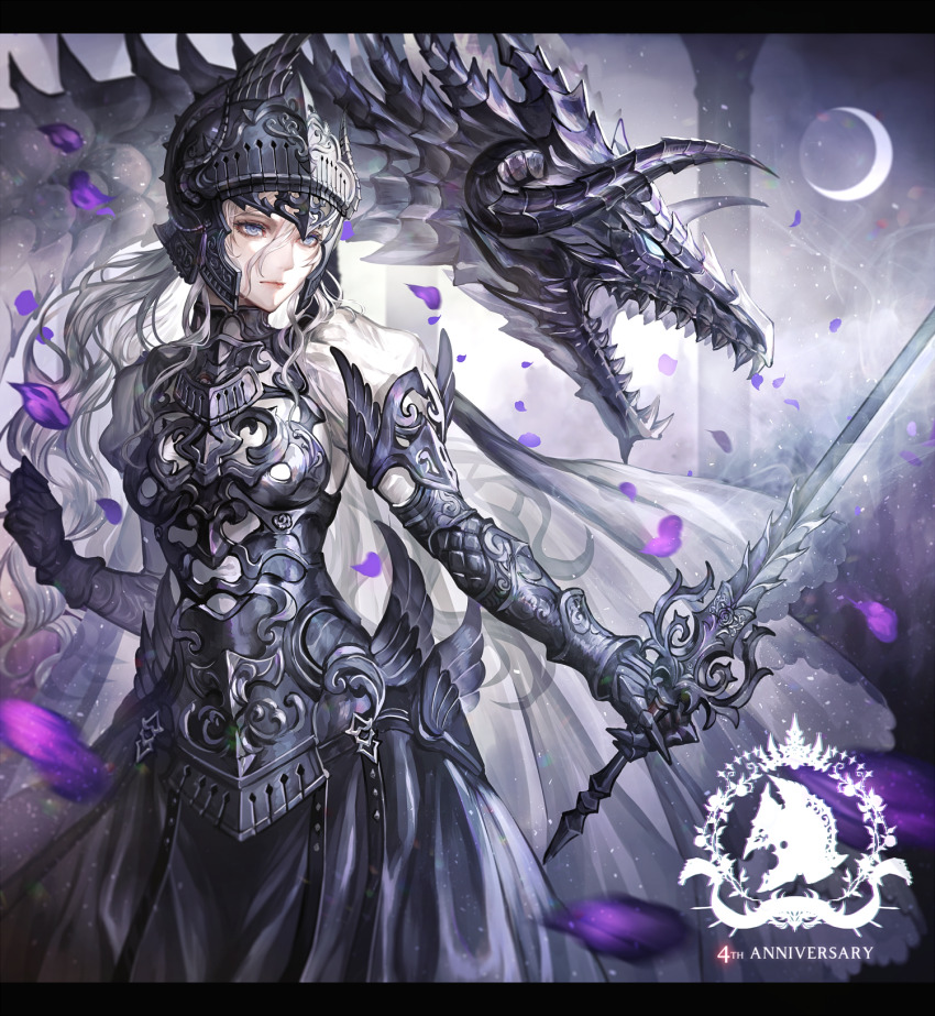 armor black_armor cape crescent_moon cuirass dragon falling_petals gauntlets grey_eyes helmet highres holding holding_sword holding_weapon long_hair moon original petals senano-yu serious sword waist_cape weapon white_hair