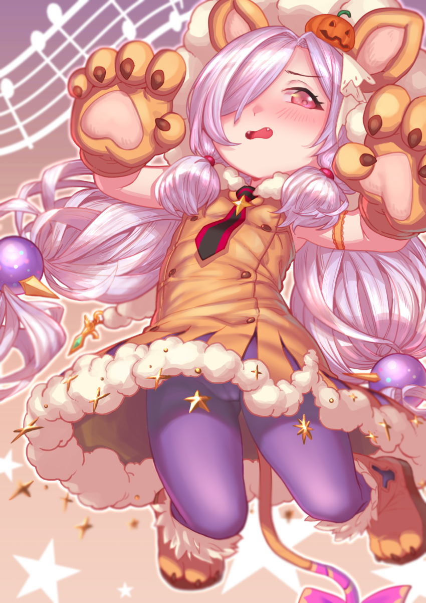 1girl animal_costume animal_hands dress fangs flat_chest gloves granblue_fantasy hair_ornament hair_over_one_eye halloween harvin highres jack-o&#039;-lantern jack-o&#039;-lantern_hair_ornament lion_costume lion_tail long_hair looking_at_viewer niyon_(granblue_fantasy) niyon_(lejonskrik)_(granblue_fantasy) pantyhose paw_gloves paw_shoes purple_hair red_eyes solo tail twintails very_long_hair yggsil