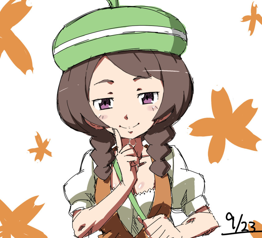 bad_id bad_pixiv_id bianca_(pokemon) bianca_(pokemon)_(cosplay) braid brown_hair cosplay hat highres inazuma_eleven inazuma_eleven_(series) inazuma_eleven_go kiryu_manzoku nintendo pokemon purple_eyes smile solo twin_braids yamana_akane