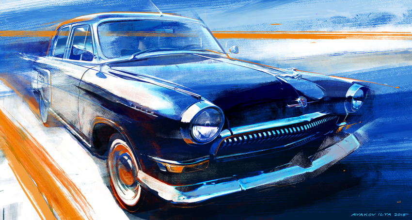 2015 artist_name avakov black_car car commentary english_commentary faux_traditional_media gaz-21_volga highres motor_vehicle no_humans original painterly radio_antenna shadow vehicle_focus