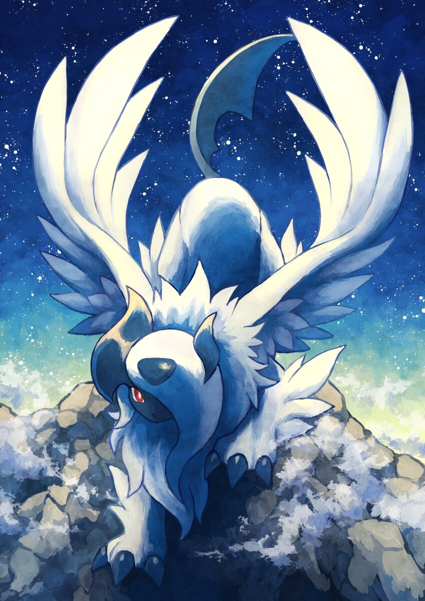 7_phi_3 absol absurdres animal_focus bright_pupils claws feathered_wings gen_3_pokemon highres horns mega_absol mega_pokemon night nintendo no_humans pokemon pokemon_(creature) red_eyes solo white_hair white_pupils wings