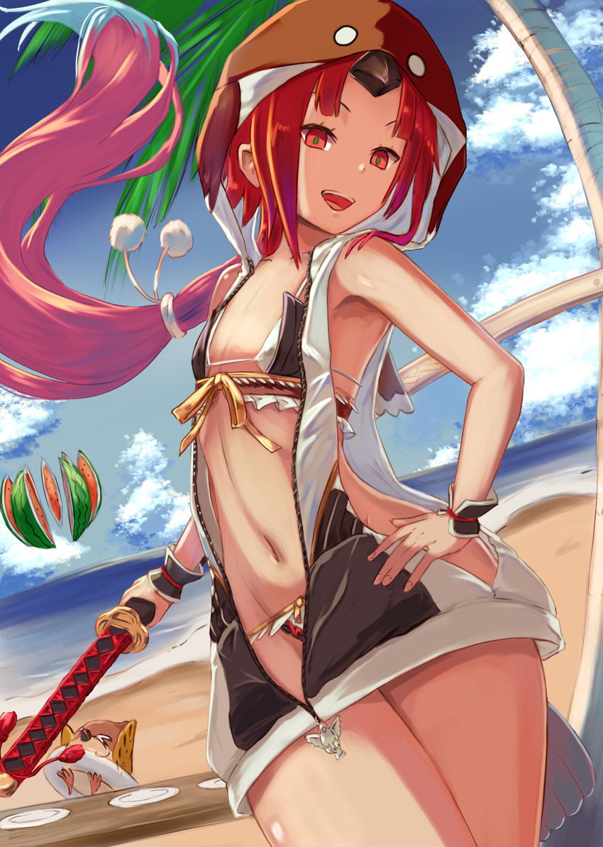 1girl absurdres beach beni-enma beni-enma_alter bikini bird bird_hood black_bikini black_vest blue_sky blush breasts brown_headwear fate/grand_order fate_(series) food fruit highres hood hooded_vest hoodie inugami86 katana long_hair looking_at_viewer low_ponytail navel open_mouth parted_bangs ponytail red_eyes red_hair shore sideless_outfit sky small_breasts smile swimsuit sword thighs very_long_hair vest watermelon weapon white_vest
