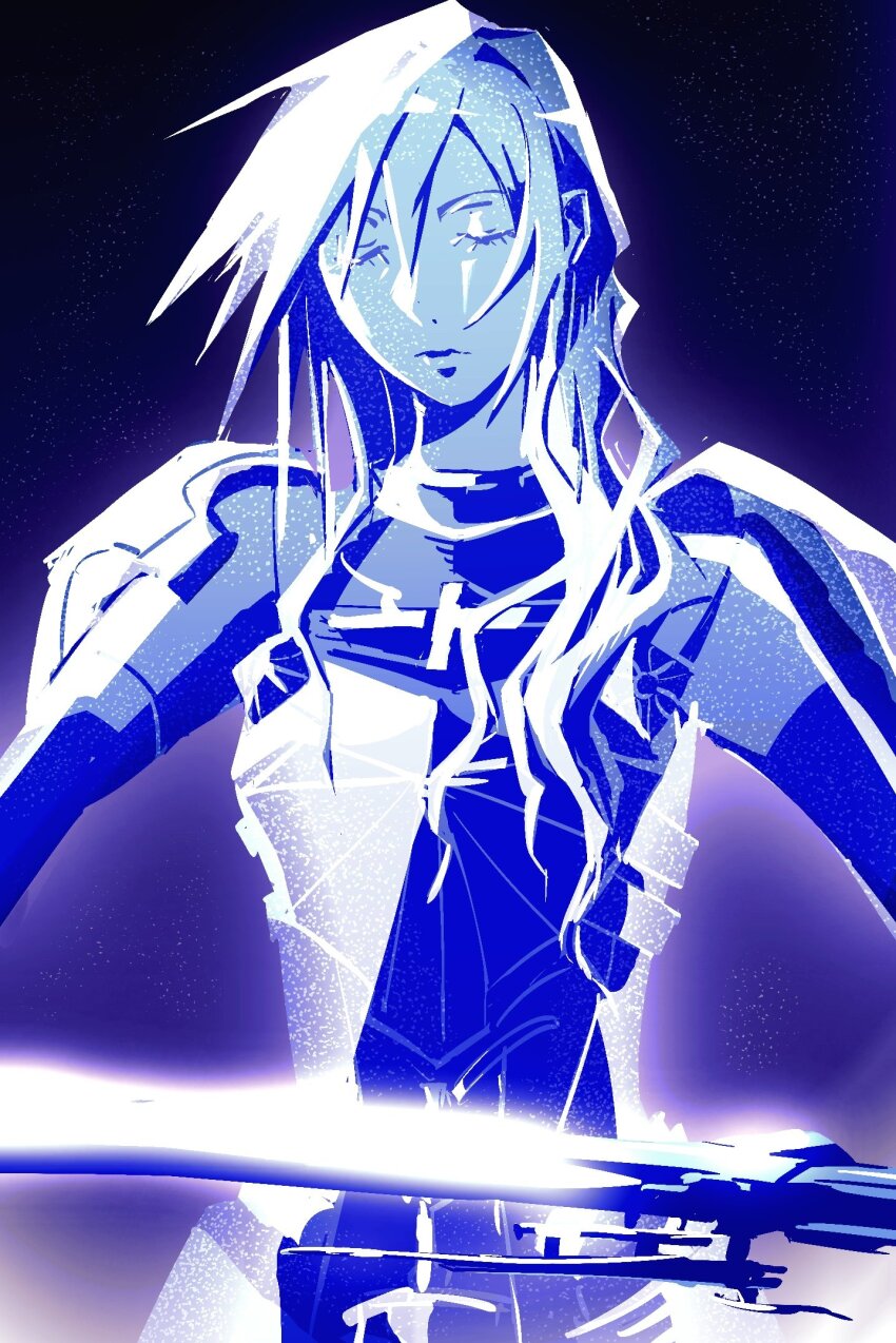 1girl armor breastplate charla closed_eyes elbow_gloves final_fantasy final_fantasy_xiii gloves hair_between_eyes hair_over_shoulder highres holding holding_weapon lightning_farron long_hair monochrome shoulder_armor solo spiked_hair upper_body wavy_hair weapon