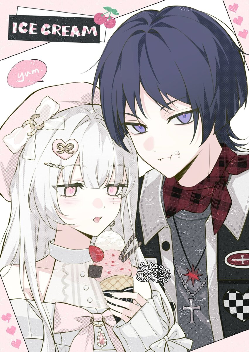 1boy 1girl :t alternate_costume artist_request bare_shoulders bead_necklace beads beret black_jacket blunt_bangs blunt_ends bow casual cherry collarbone collared_jacket commission commissioner_insert contemporary couple cross cross_necklace english_text eyelashes fingernails food food_on_face fruit genshin_impact grey_shirt hair_intakes hair_ornament hairclip hat hayami_momo_(hayamimomo) heads_together heart heart_hair_ornament height_difference hetero highres holding holding_ice_cream_cone ice_cream ice_cream_cone jacket jewelry large_bow light_blush long_hair looking_at_food looking_at_viewer looking_down mole mole_under_eye neckerchief necklace oc_x_canon off-shoulder_sweater off_shoulder open_clothes open_jacket open_mouth original parted_bangs pink_bow pink_eyes pink_hat purple_eyes red_neckerchief ribbed_sleeves scaramouche_(genshin_impact) second-party_source shirt sleeve_bow sleeves_past_wrists speech_bubble strawberry sweater tsurime undershirt watermark watermark_grid white_bow white_hair white_shirt white_sleeves white_sweater white_trim wispy_bangs