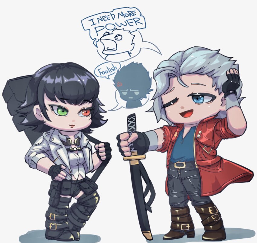 1boy 1girl anger_vein black_gloves black_hair black_pants black_shirt black_shorts boots chibi coat dante_(devil_may_cry) devil_may_cry_(series) devil_may_cry_5 fingerless_gloves gloves green_eyes grey_background heterochromia highres holding holding_sword holding_weapon jacket lady_(devil_may_cry) one_eye_closed open_mouth pants red_coat red_eyes shirt shorts simple_background smile sword vergil_(devil_may_cry) wang_yu23 weapon white_hair white_jacket white_shirt yamato_(sword)