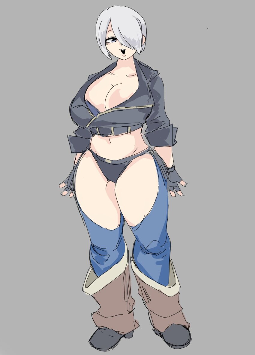 1girl angel_(kof) bamman bamman12 blue_eyes boots breasts cleavage female_focus gloves highres huge_breasts jacket large_breasts leather open_mouth pale_skin panties short_hair standing the_king_of_fighters thick_thighs thighs underwear white_hair wide_hips
