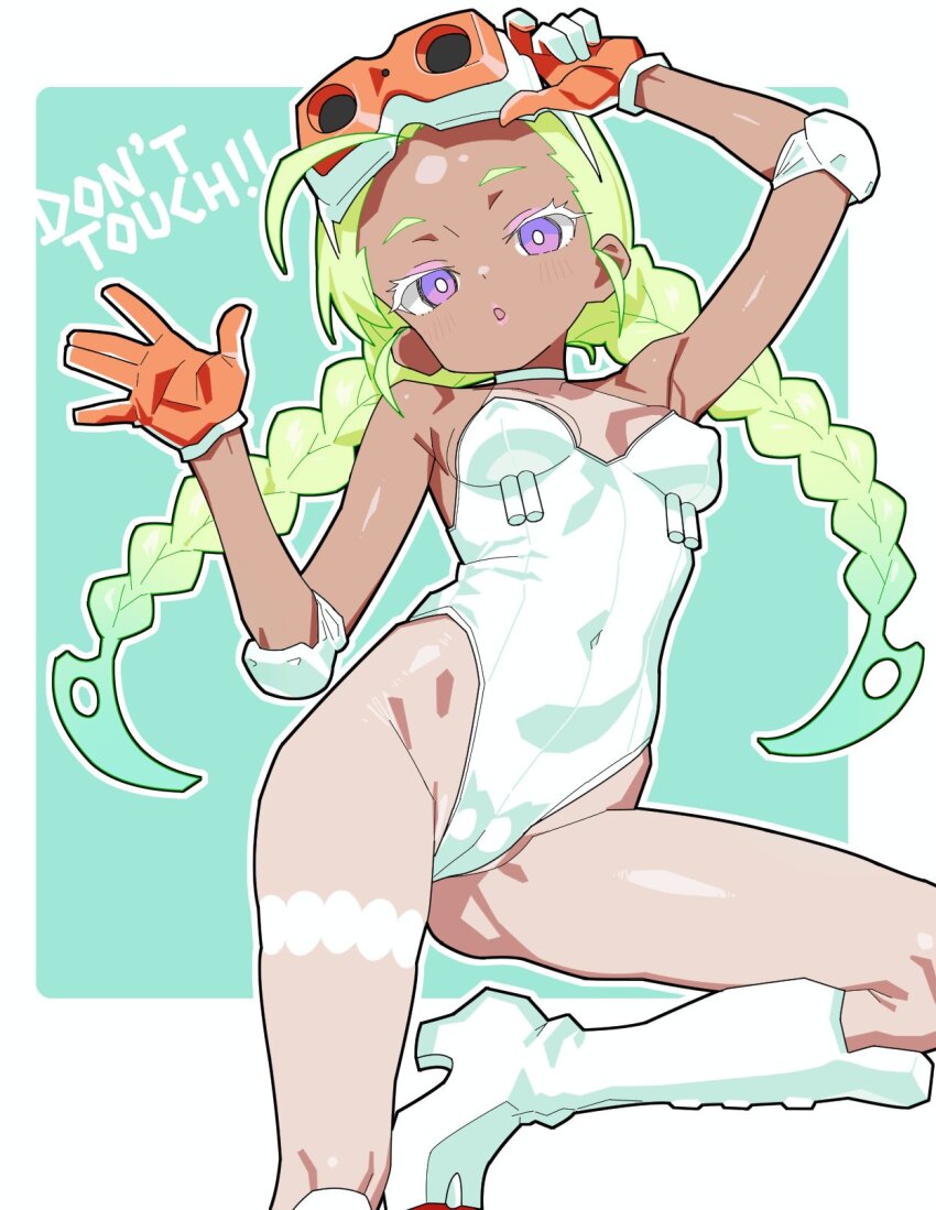 1girl boots braid breasts cameltoe covered_erect_nipples dark-skinned_female dark_skin elbow_pads eyewear_on_head gloves green_hair gunsmith_bitch_(psg) high_heel_boots high_heels highres knee_boots leotard long_hair looking_at_viewer matuo3232 panty_&amp;_stocking_with_garterbelt purple_eyes small_breasts solo twin_braids