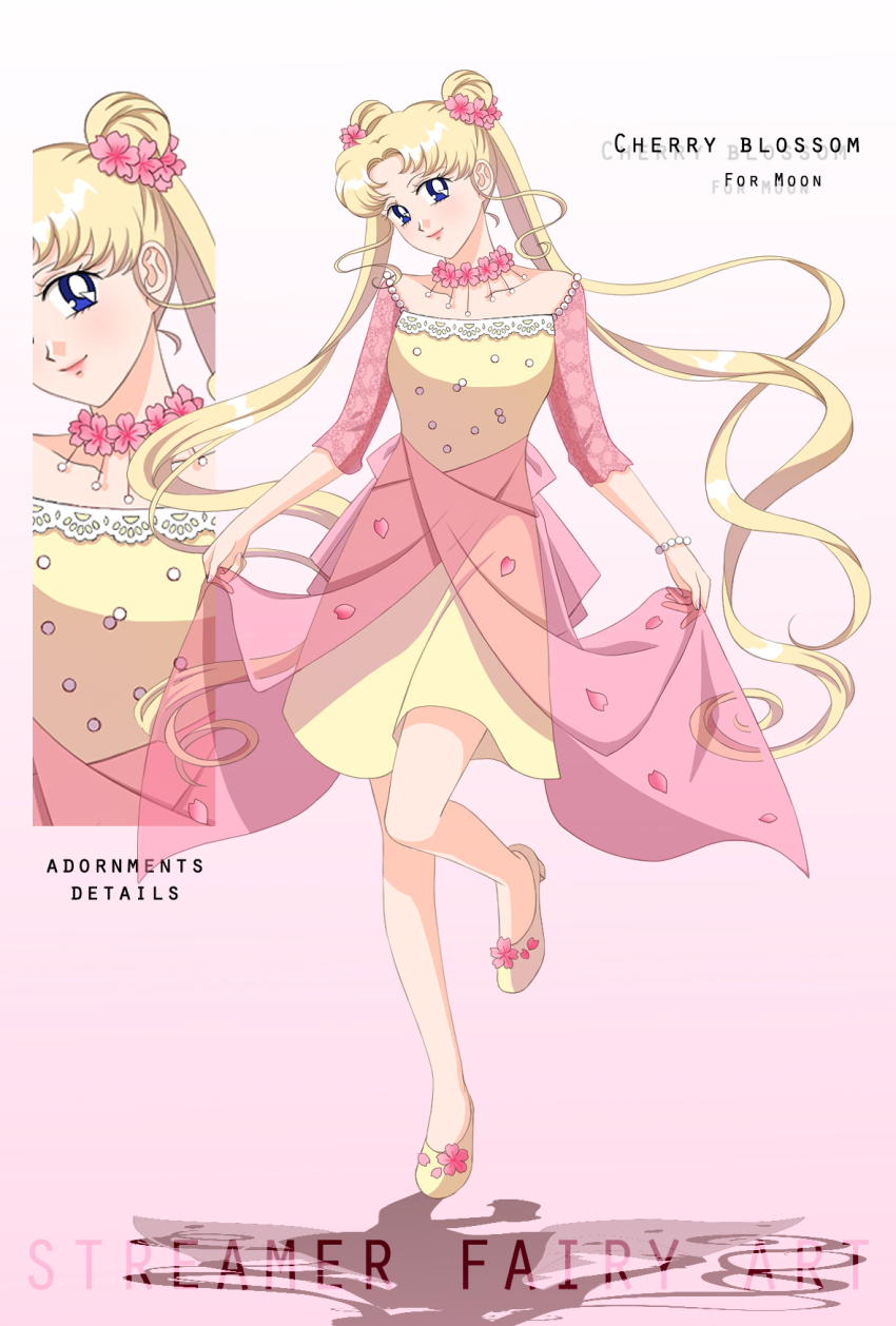 1girl bishoujo_senshi_sailor_moon blonde_hair blue_eyes cherry_blossoms double_bun dress english_text gradient_background hair_bun highres koya long_hair looking_at_viewer multiple_views parted_bangs petals pink_sleeves shoes short_dress simple_background smile standing tsukino_usagi twintails very_long_hair white_background yellow_dress yellow_shoes