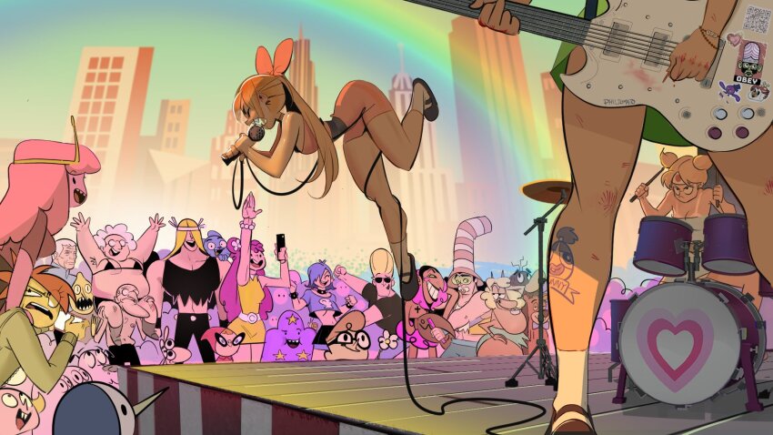 adventure_time band_(music) bandana bass_guitar blossom_(ppg) bubbles_(ppg) buttercup_(ppg) character_request city concert courage_(character) courage_the_cowardly_dog cow_&amp;_chicken crossover dancing dexter&#039;s_laboratory dexter_(dexter&#039;s_laboratory) drum drum_set drumsticks ear_piercing earl_of_lemongrab electric_guitar eustace_bagge flapjack_(the_marvelous_misadventures_of_flapjack) floating foster&#039;s_home_for_imaginary_friends frankie_foster guitar gumball_watterson gunther_(adventure_time) hat hi_hi_puffy_amiyumi highres him_(powerpuff_girls) holding holding_drumsticks instrument johnny_bravo johnny_bravo_(series) lumpy_space_princess microphone mojo_jojo multiple_crossover muriel_bagge music philtomato piercing playing_instrument powerpuff_girls princess_bonnibel_bubblegum rainbow red_guy_(cow_&amp;_chicken) samurai_jack samurai_jack_(character) sealab_2021 sheep_in_the_big_city singing sitting_on_shoulder stage tattoo the_amazing_world_of_gumball the_marvelous_misadventures_of_flapjack yumi_yoshimura