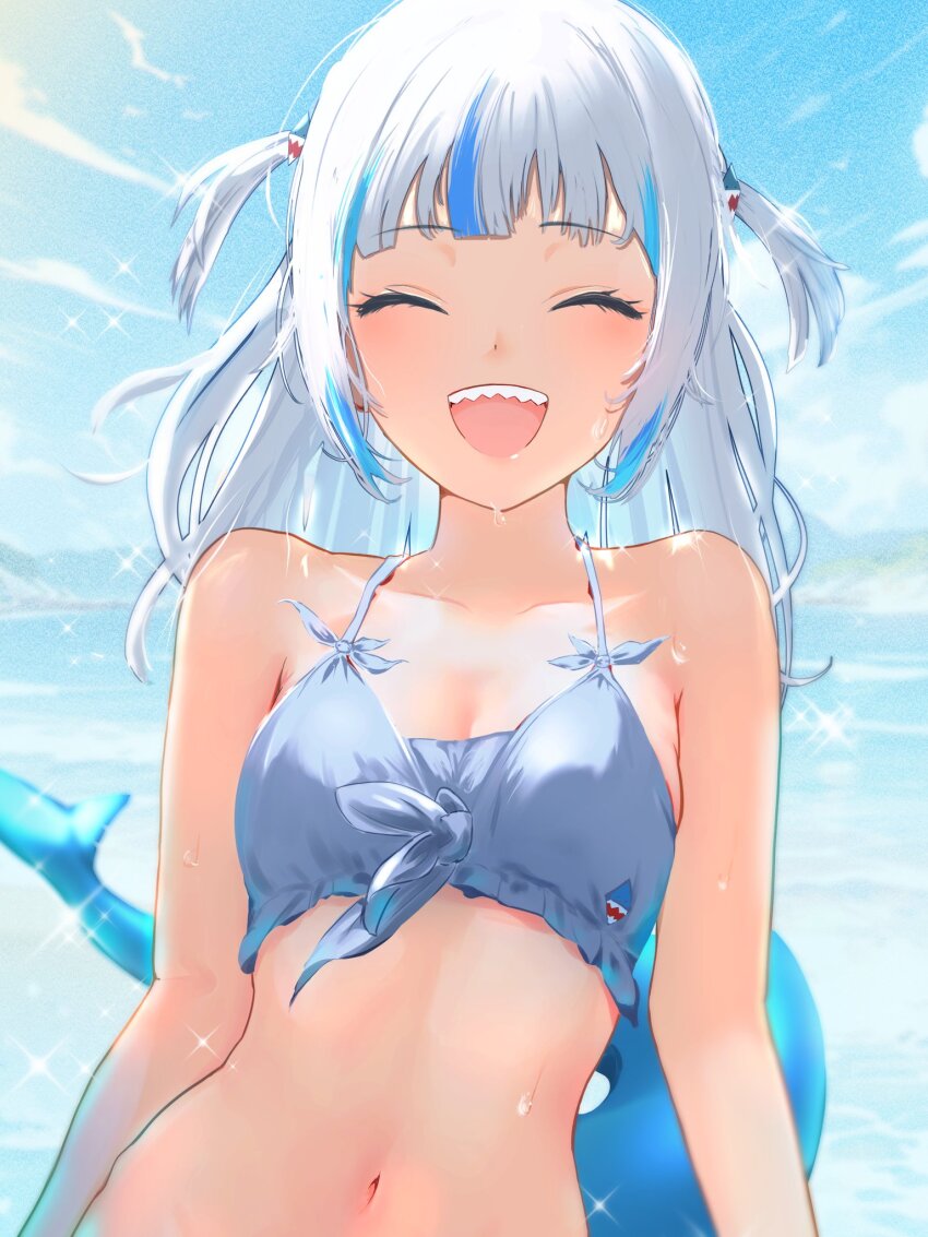 1girl alternate_costume bare_shoulders bikini blue_bikini blush breasts closed_eyes cohi27151463 dot_nose fins fish_tail gawr_gura halterneck highres hololive hololive_english multicolored_hair navel shark_girl shark_tail sharp_teeth sidelocks small_breasts smile solo streaked_hair swimsuit tail teeth two_side_up virtual_youtuber white_hair