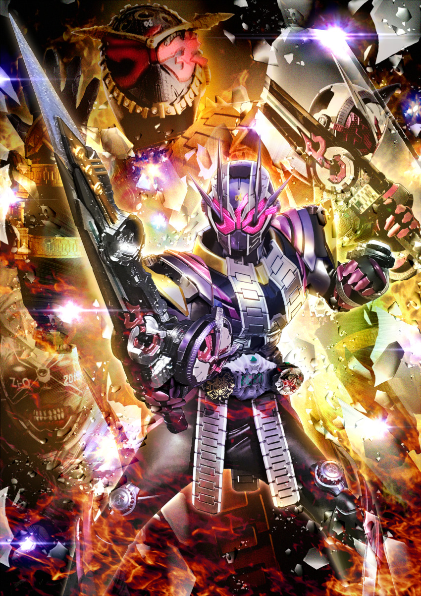 1boy alternate_universe another_rider_(zi-o) another_zi-o apocalypse armor arrow_(symbol) black_armor black_bodysuit black_footwear black_gloves bodysuit broken_glass character_name clenched_teeth clock clock_hands colored_skin compound_eyes creature dark_persona rider_belt extra_horns glass gloves highres holding holding_sword holding_weapon kamen_rider kamen_rider_zi-o kamen_rider_zi-o_(series) kamen_rider_zi-o_ii katakana male_focus masukudo_(hamamoto_hikaru) monster multiple_boys official_alternate_costume official_style ouma_zi-o pink_eyes pink_gloves red_skin rider_watch solo split_image sword teeth time_paradox timestamp tokusatsu upper_body visor weapon white_armor white_bodysuit white_eyes zikan_girade ziku_driver