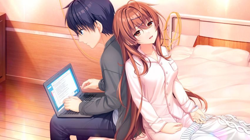 1boy 1girl :d ahoge alpha_(yukai_na_nakamatachi) ayase_aisa back-to-back bed blue_eyes blue_hair breasts brown_hair collared_shirt computer dress_shirt game_cg grey_jacket grey_pants hair_between_eyes hair_ornament hairclip hospital_bed indoors jacket kagami_toshiki laptop long_hair long_sleeves medium_breasts open_clothes open_jacket open_mouth orange_eyes pants shirt short_hair sitting smile sousaku_kanojo_no_renai_koushiki very_long_hair white_pants white_shirt wing_collar wooden_floor