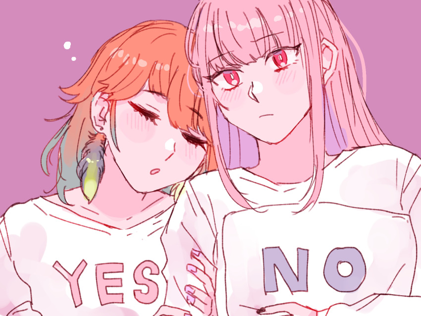 2girls alpholo_v black_nails blush_stickers closed_mouth highres hololive hololive_english mori_calliope multiple_girls nail_polish no orange_hair parted_lips pink_hair pink_nails sleeping takanashi_kiara virtual_youtuber yes yuri